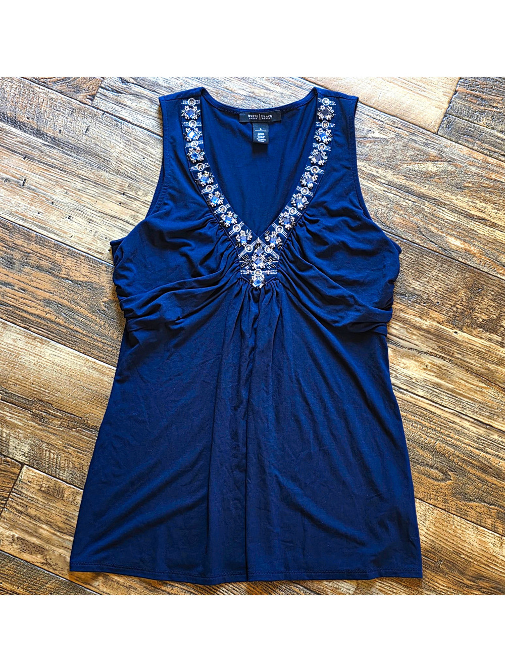 White House Black Market Blue Beaded V-Neck Sleeveless Tank Top Size S
